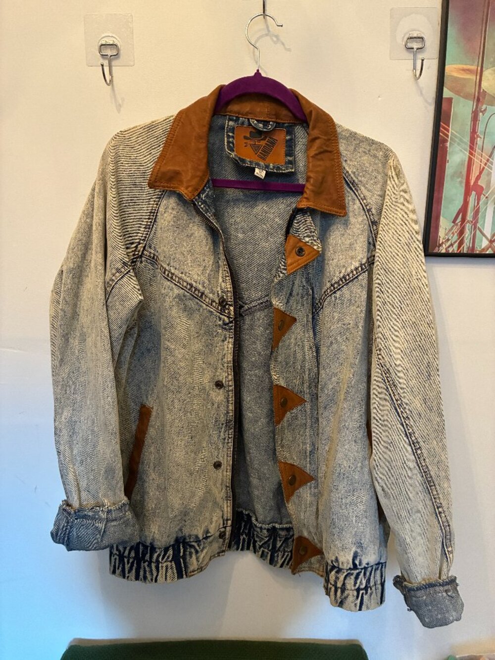 Vintage Bandana Acid Wash Denim Jacket Leather Trim